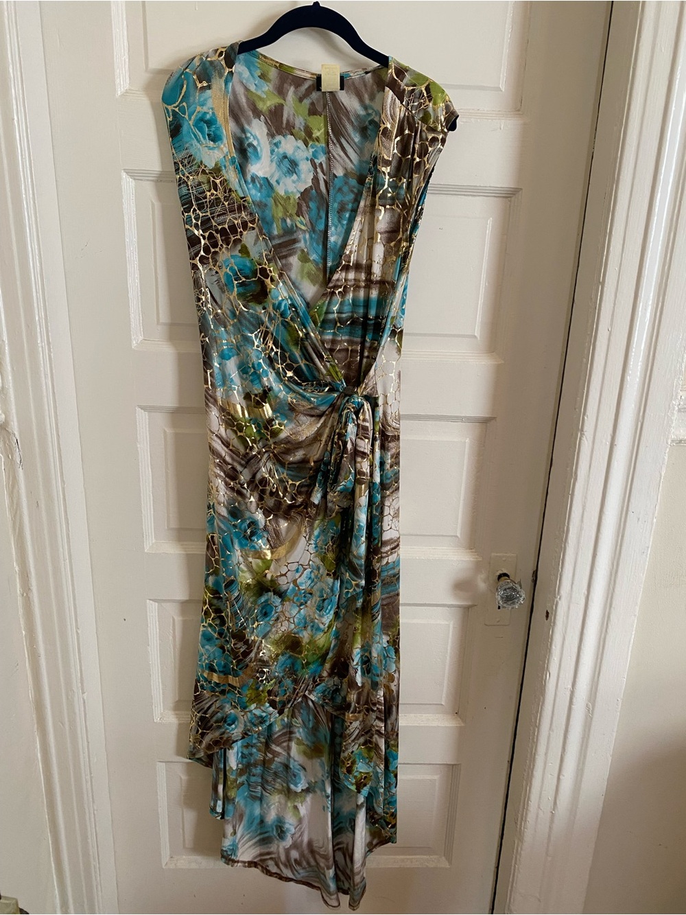 Va Va Voom Blue, Olive & Brown Print Wrap Dress